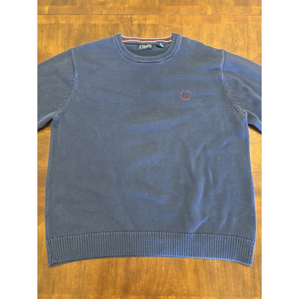Chaps Sweater Mens L Blue Cotton Crewneck Chunky Knit Pullover Retro Logo